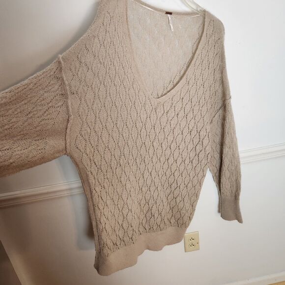Free People Tunic Sweater Size Large Womens Say Hello Open Knit Oversized Beige - Picture 2 of 12